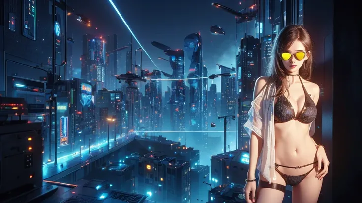 (((a medium-breast bikini slim GIRL with black micro sunglasses))), a balcony of a futuristic building, aerial view of an ultra-futuristic megalopolis, many metal buildings and houses in dark colors from dark blue to black, a cidade tem tons de cinza metal...