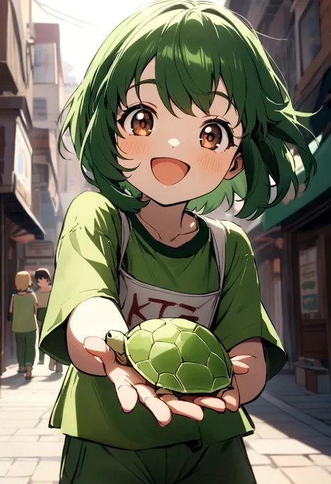 cute short young turtle girl with short green hair, brown eyes, green top shirt, green pants, turtle shell, happy, with a sign on her hand