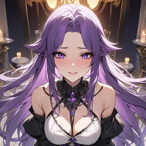 ((highest quality)), ((masterpiece)), (detailed), （perfect face）、princess of moonbrooke with medium-long purple hair、in front of...