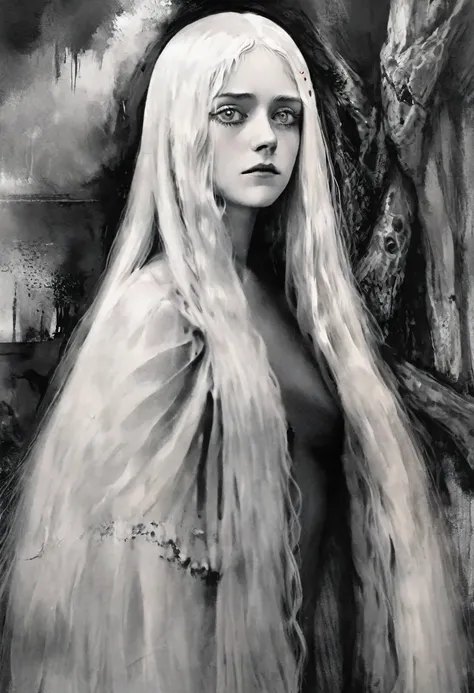 A woman with long white hair and blue eyes ,pale skin,expression of sadness ,naked,Unclothed,long breasts,in a dark horror environment