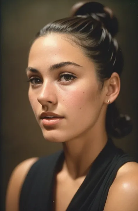 Black with hair in a bun(close-up, editorial photograph of a 20 yo woman from the 1940s), (highly detailed face:1.4) (smile:0.7) (background inside dark, moody, private study:1.3) POV, by lee jeffries, nikon d850, film stock photograph ,4 kodak portra 400 ...