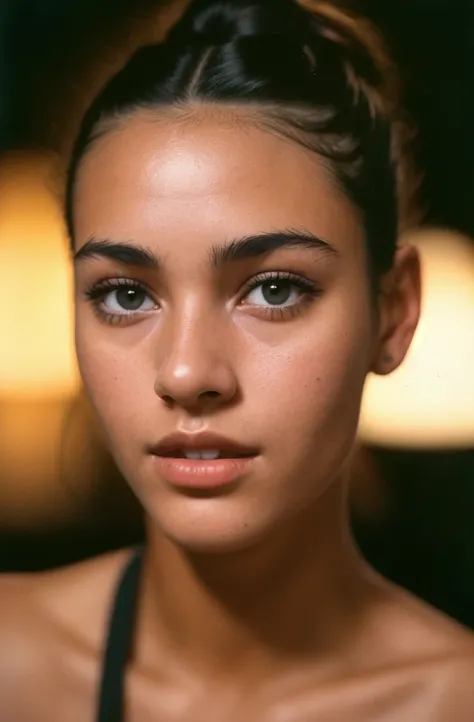 Black with hair in a bun(close-up, editorial photograph of a 20 yo woman from the 1940s), (highly detailed face:1.4) (smile:0.7) (background inside dark, moody, private study:1.3) POV, by lee jeffries, nikon d850, film stock photograph ,4 kodak portra 400 ...