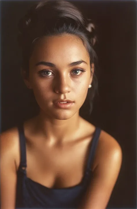 Black with hair in a bun(close-up, editorial photograph of a 20 yo woman from the 1940s), (highly detailed face:1.4) (smile:0.7) (background inside dark, moody, private study:1.3) POV, by lee jeffries, nikon d850, film stock photograph ,4 kodak portra 400 ...