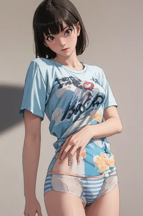 ((masterpiece, best quality)),((highres:1.2)), 1 Girl, solo, Blurred Background, (((Small breasts))), Thighs, (Stripe underwear), T-Shirts,