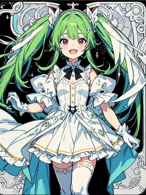 Masterpiece, refrence sheet, young girl, light green hair, long hair in twintails, red eyes, smile, fangs, teeth exposed, white dress, lace, semi-transparent skirt, black thigh-highs, white gloves,(((ultra detailed))), softcore, kawaii ,Kawaii, cute, prett...