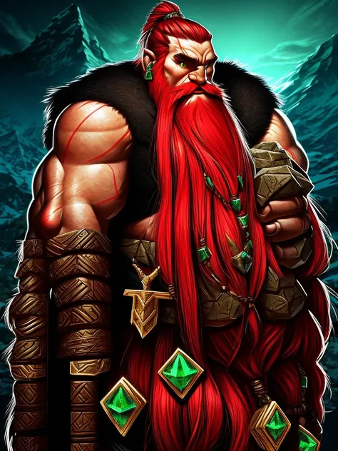 sole male, Mountain Dwarf, Druid, Red beard, Emerald eyes, Bone earrings and piercings, black markings on face