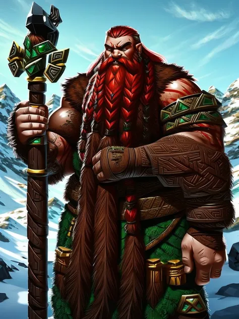 sole male, Mountain Dwarf, Druid, Red beard, Emerald eyes, Bone earrings and piercings, black markings on face