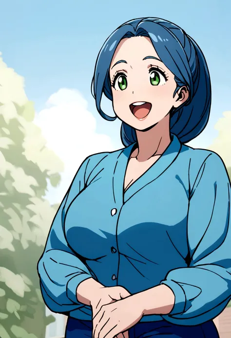 beautiful tall mom with blue ponytail hair, green eyes, blue top shirt, blue shorts, happy