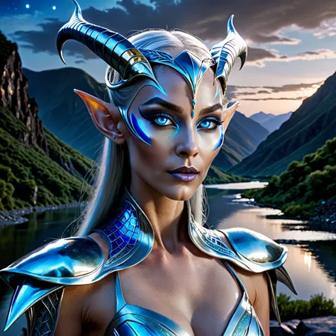 ultra-realistic, high resolution portrait of an alien elven queen with long sharp ears and metallic silver skin wearing futuristic attire with glowing blue eyes and very pale matte lips with her hand on the right side of face showing manicured nails. Backg...