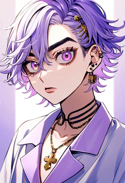 1. Chico Takashi Mitsuya, tokyo revengers, Hair color (light lilac) short, lavender eye color, a cross earring in the left ear