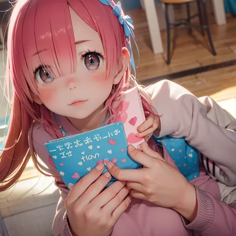 Handing the viewer a love letter with a little blush on her cheeks 