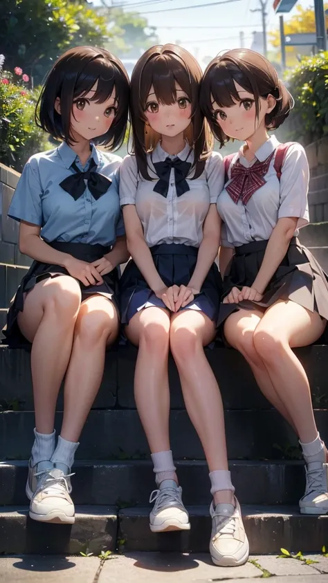 three happy girls were sitting on the stone steps, take a full body photo、have fun and laugh、she was wearing a white blouse, バンズ...