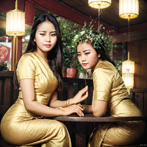 Burmese beautiful woman, pretty lady MoonLay, arafed woman sitting on a stool in a yellow dress, portrait of modern darna, mid shot portrait, smooth face skin, traditional beauty, cinematic portrait glow lighting, traditional dress, background burmese pago...