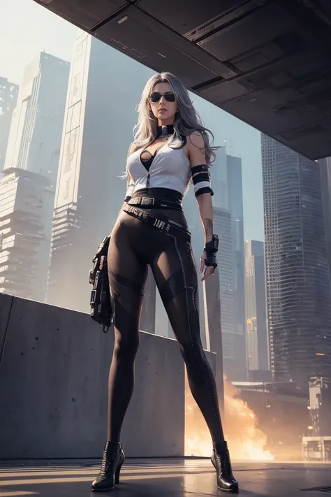 Cyberpunk 2077, (Best quality, High resolution, Masterpiece :1.3), A tall and pretty woman, Slender abs, long grey hair styled in loose waves, Breasts, Wearing pendant, White button up shirt, Belt, Black skirt, (Modern architecture in background), Details ...