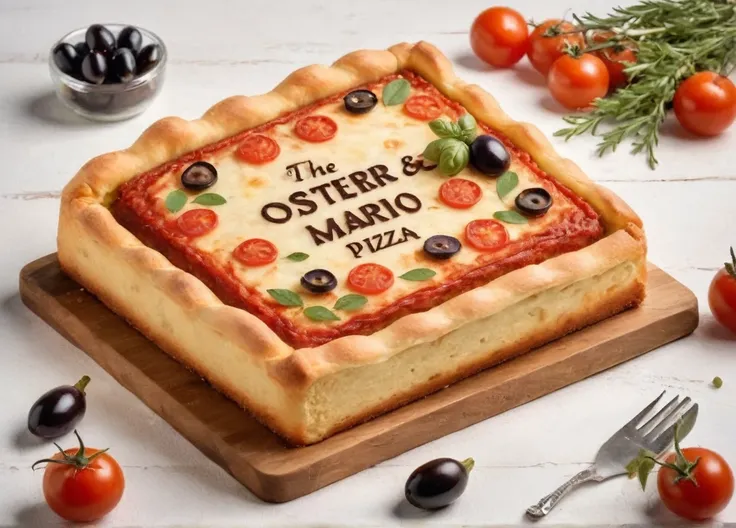 the sweet cake is rectangular in shape, on a white background, on top of the cake is written Osteria Mario and Швили, the cake should contain elements of pizza, spaghetti, eggplant rolls, khachapuri, tomatoes, olives