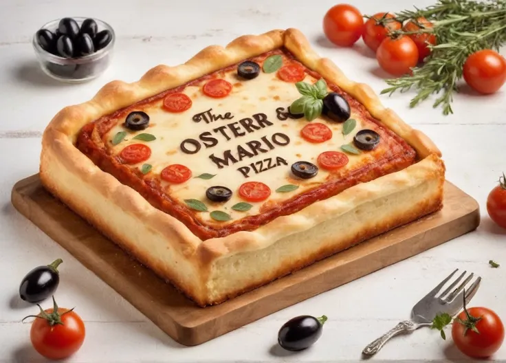 the sweet cake is rectangular in shape, on a white background, on top of the cake is written Osteria Mario and Швили, the cake should contain elements of pizza, spaghetti, eggplant rolls, khachapuri, tomatoes, olives