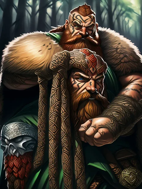 sole male, mountain dwarf, druid, red beard, emerald eyes, bone earrings and piercings, black tribal face paint