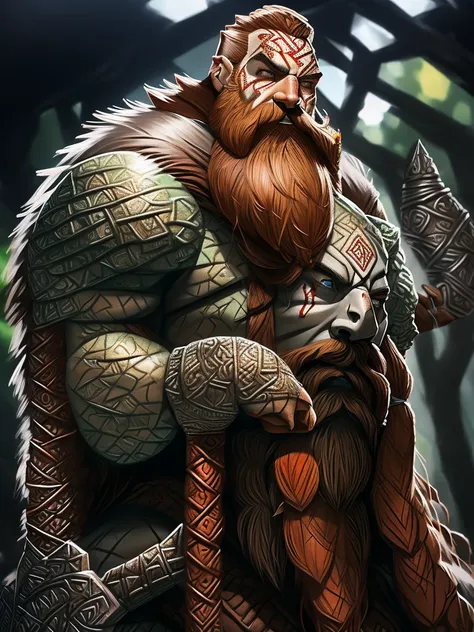 sole male, Mountain Dwarf, Druid, Red beard, Emerald eyes, Bone earrings and piercings, black tribal face paint