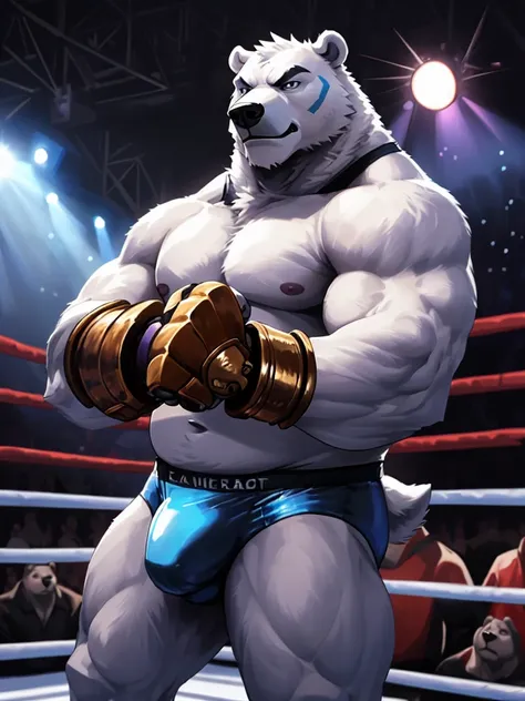 male anthro polar bear, huge muscular chubby, dynamic pose, bust portrait, underwear, solo, white fur, detailed background, bedroom, detailed whote fluffy fur, long fluffy fur, photorealism, fighting ring, hdr, short tail, crowd, purple stage light, blue l...