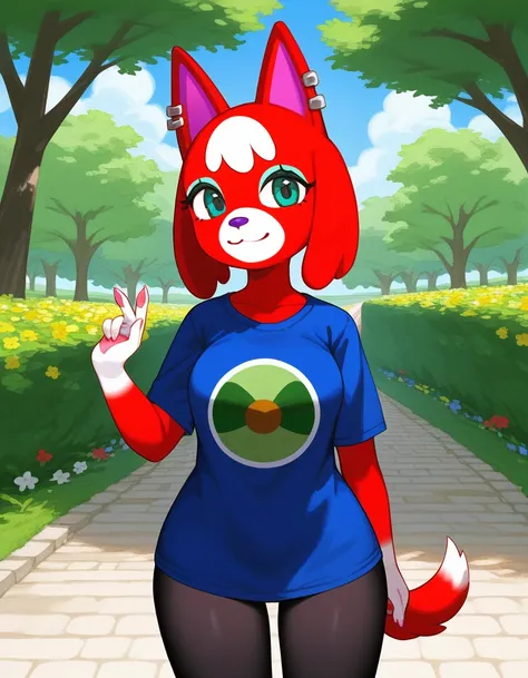 zpdxl,cherry (animal crossing), purple nose, red fur, teal eyes, furry female, dog girl, ear piercing, webbed shirt, black leggi...