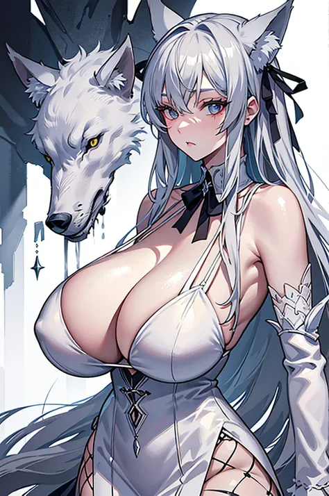 best qualtiy，tmasterpiece，The is very detailed，4K，Gray hair and shallow eyes，Drag cool expressions，Wolf ears，Erect scar on the left eye，British style，1girl，Absolutely beautiful, huge breasts, white costume, ear ribbon