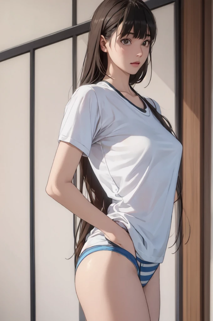 ((masterpiece, best quality)),((highres:1.2)), 1 Girl, solo, Blurred Background, (((Small breasts))), Thighs, (Stripe underwear), T-Shirts,