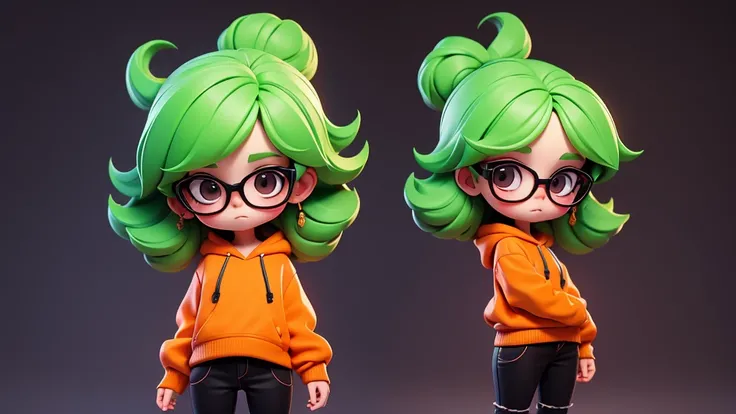 Scared Girl chibi with orange pullover, black eyes, tiny black glasses, apple green hair, Long texture crop hair.