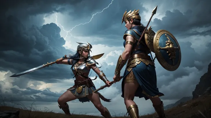 "Athena brandishing her spear and shield, fighting a mythological monster under a stormy sky."