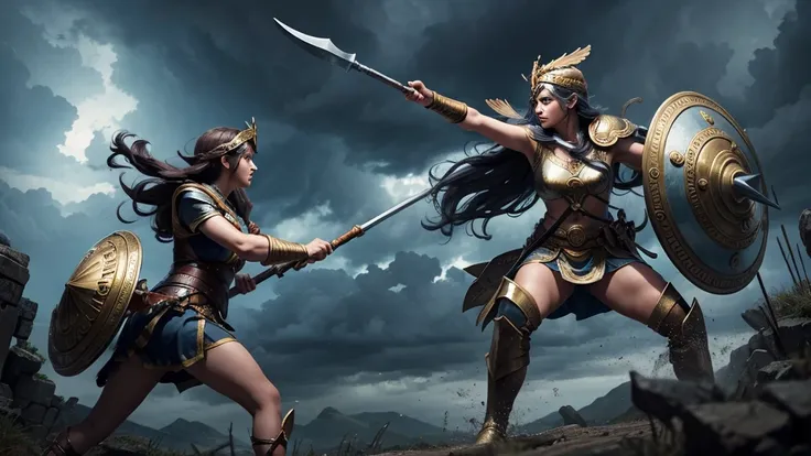 "Athena brandishing her spear and shield, fighting a mythological monster under a stormy sky."