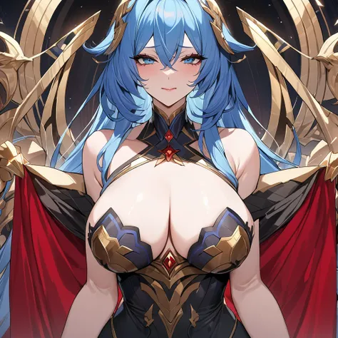 ((Highest quality)), ((masterpiece)), (detailed), （Perfect Face）、The woman is Extia and has medium-long blue hair.、In front of the gorgeous Devil&#39;s Altar