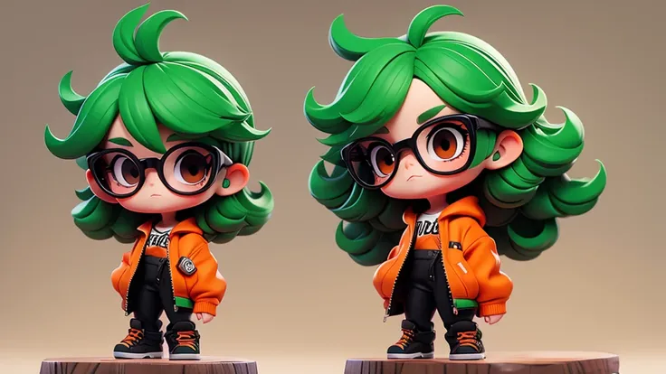 Feared Girl chibi with orange pullover, black eyes, tiny black glasses, apple green hair, Long texture crop hair.