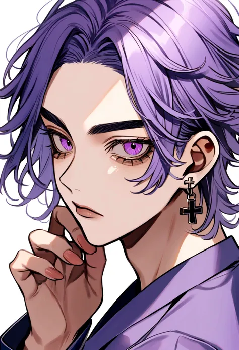 1. Chico Takashi Mitsuura, tokyo revengers, Hair color (light lilac)short, lavender eye color, a small cross earring in the left ear, tokyo revengers the nickname twin dragon