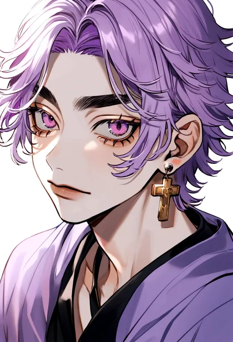 1. Chico Takashi Mitsuura, tokyo revengers, Hair color (light lilac)short, lavender eye color, a small cross earring in the left ear, tokyo revengers the nickname twin dragon