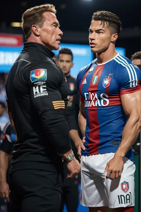 Arnold Schwarzenegger talking to Cristiano Ronaldo and Neymar about Italy