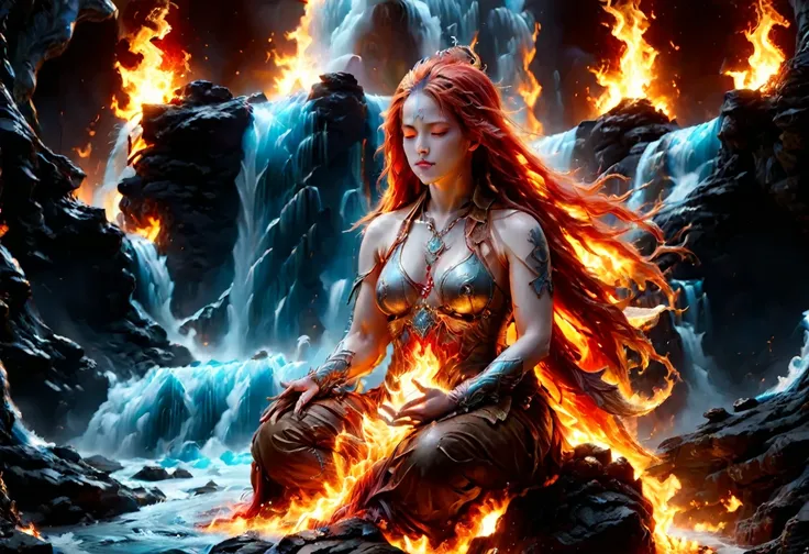 a picture of a (female monk: 1.2) sitting and meditating near a waterfall, at the base of the waterfall,  there is a human woman monk wearing monk garbs, meditating near a bonfire near an (epic sized waterfall: 1.3), red hair, long hair, full body (best de...