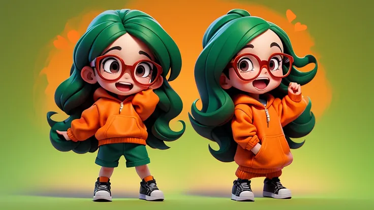 Screaming girl chibi with orange pullover, black eyes, tiny black glasses, apple green hair, Long texture crop hair.