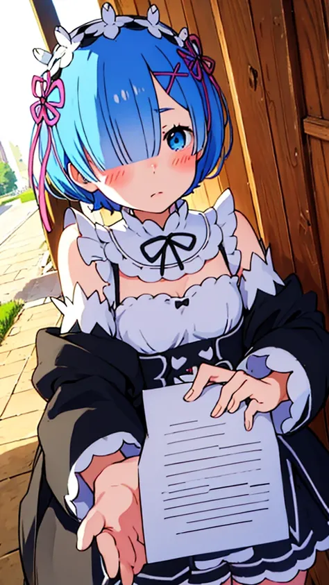 rem handing a love letter to the viewer with her cheeks a little blushing