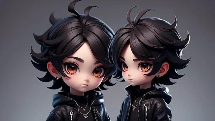 gothic boy chibi with black pullover, dark brown eyes, Short texture crop style hair. Clear Background