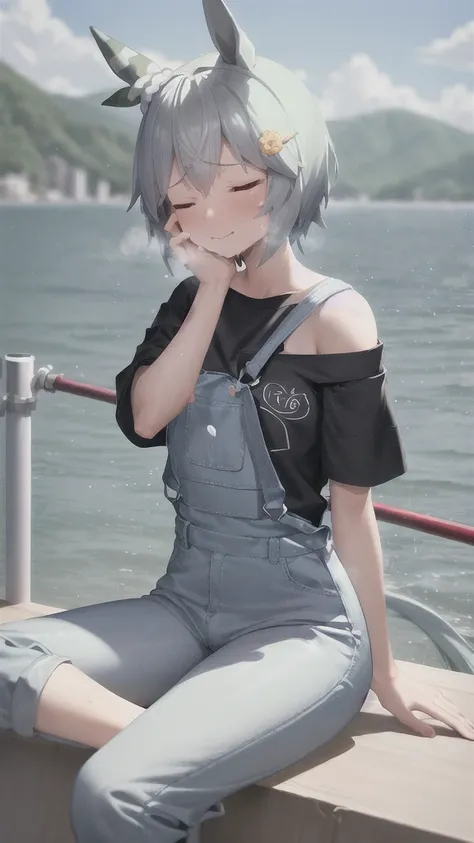 (nsfw:1.1),masterpiece, best quality, 
seiun sky (umamusume), 
suspenders pants, overalls jumpsuits, black shirt, short sleeves, white footwear, sneakers, one-side off shoulder,
blue sky, yawning, closed eyes, sitting on wharf, fishing
