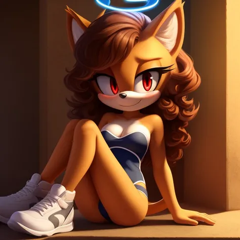 mobian, solo, hedgehog, two-tone fur ((orange fur, brown fur)), strapless bathing suit, cleavage, slim jeans, high-top sneakers, small breasts, two-tone hair (brown hair, black tip)), curly hair, halo, sunglasses, jewelry, red eyes, longeyelashes, red eyes...