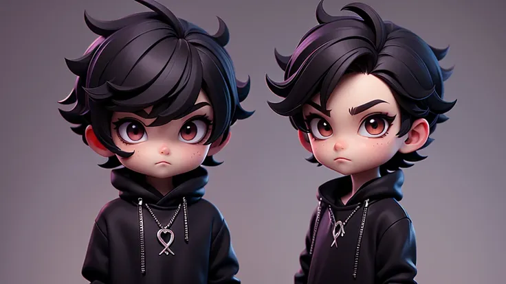 gothic boy chibi with black pullover, dark purple shirt, dark brown eyes, Short texture crop style hair. Clear Background