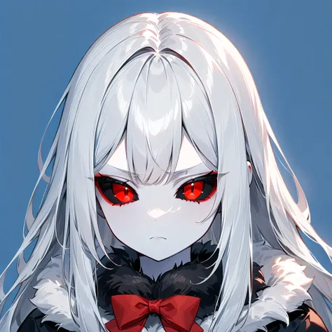 colored sclera, black sclera, solo, red eyes, white hair, long hair, blue background, 1girl, fur collar, simple background, looking at viewer, colored skin, white skin, portrait, red sclera, closed mouth, bow, frown, ((medium quality)), ((medium quality))