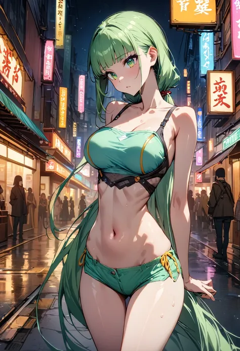 ((masterpiece,Highest quality:1.3)),cowboy shot,1woman,30 year old beauty、独奏,((very small head:1.5)),green hair,(low ponytail),long hair,blunt bangs,green eyes,gorgeous eyes,shy、Staring at the audience、medium breasts,((very long body:1.4)),(toned body,slen...