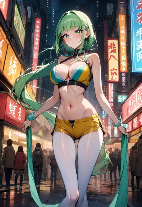 ((masterpiece,Highest quality:1.3)),cowboy shot,1woman,30 year old beauty、独奏,((very small head:1.5)),green hair,(low ponytail),long hair,blunt bangs,green eyes,gorgeous eyes,shy、Staring at the audience、medium breasts,((very long body:1.4)),(toned body,slen...