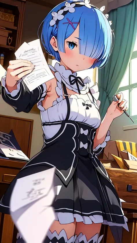 Create a detailed image of Rem handing a love letter to the viewer