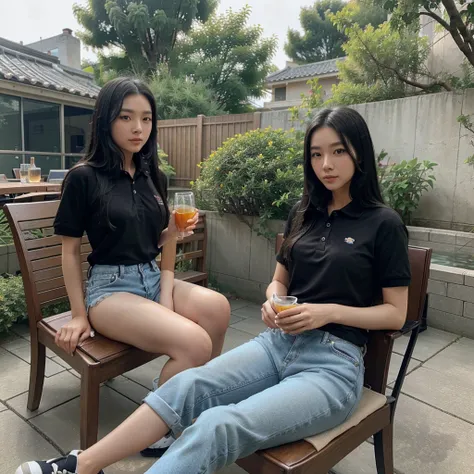 A beautiful Korean woman,long black straight hair,blue polo shirt,jeans,canvas shoes,sitting relaxed on a chair on the terrace of the house,holding a glass of sweet tea,with a koi fish pond in front,10k uhd,300 dpi.