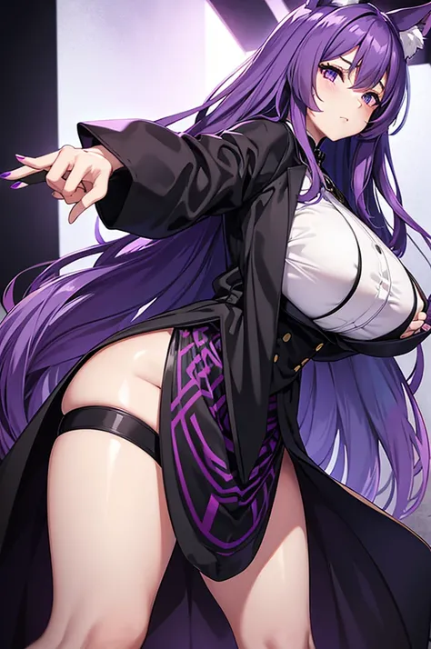 detailed long hair ，light purple ，Wear a black and purple skirt ，Has purple fox ears ，White glass, extra thick frame ，Wears knee-length black silk ，This is a real beautiful 45 year old woman , big boobies , big-ass 