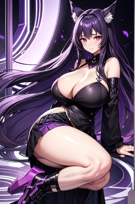 detailed long hair ，light purple ，Wear a black and purple skirt ，Has purple fox ears ，White glass, extra thick frame ，Wears knee-length black silk ，This is a real beautiful 45 year old woman , big boobies , big-ass 