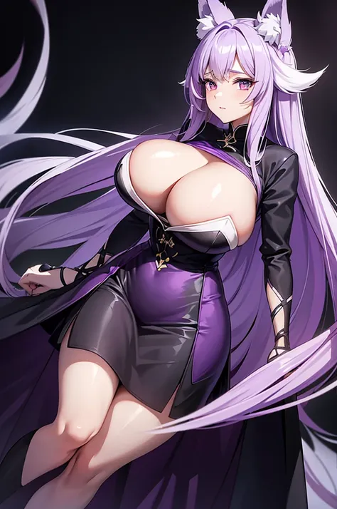 detailed long hair ，light purple ，Wear a black and purple skirt ，Has purple fox ears ，White glass, extra thick frame ，Wears knee-length black silk ，This is a real beautiful 45 year old woman , big boobies , big-ass 