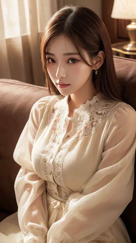 beautiful detailed eyes, beautiful detailed lips, extremely detailed eyes and face, long eyelashes, 1girl, gorgeous young korean woman, close-up, relaxing on a sofa, transparent blouse, realistic, photorealistic, photo-realistic:1.37, cinematic lighting, w...